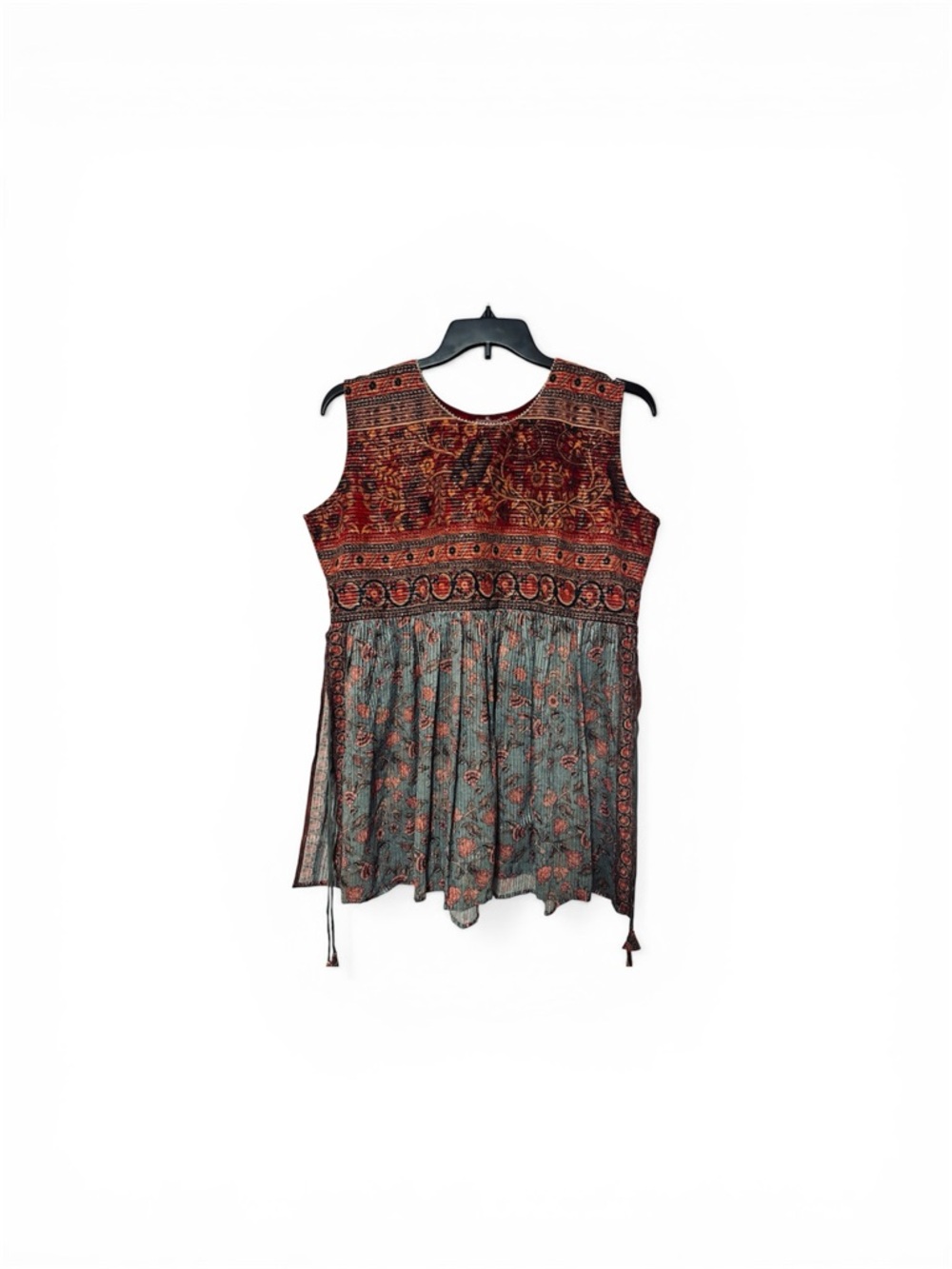 Sleeveless Boho Tunic Top XXL Red Teal Floral Sheer Overlay